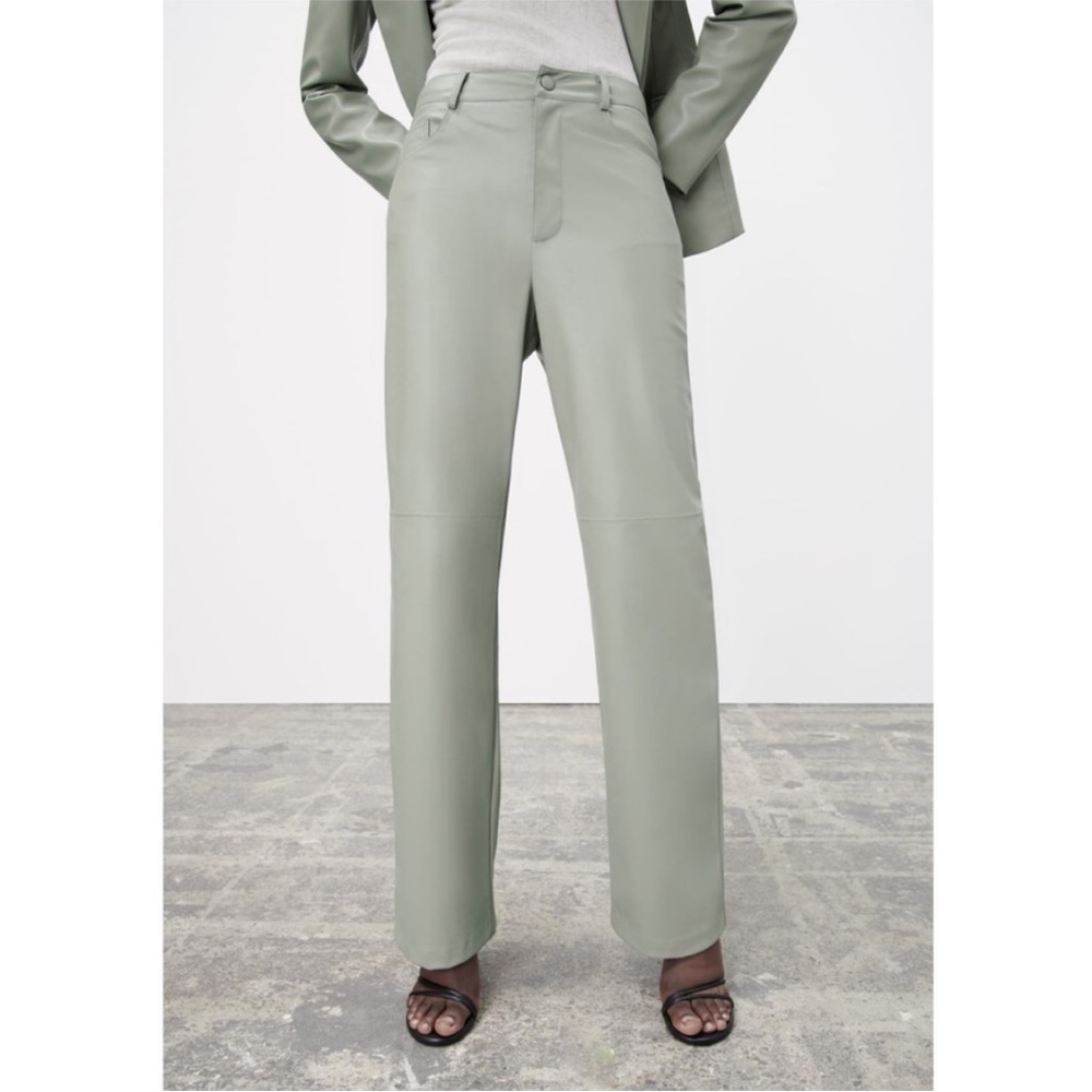 Zara Light Sage Green Faux Leather Pants NWT